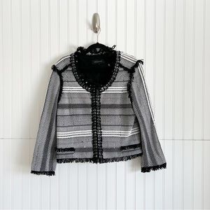 Kobi Halperin Black White Tweed Fringe Trim Jacket